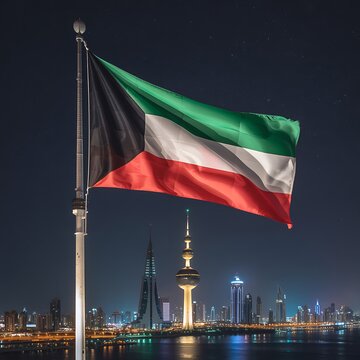 kuwait flag waving in front of city skyline at night