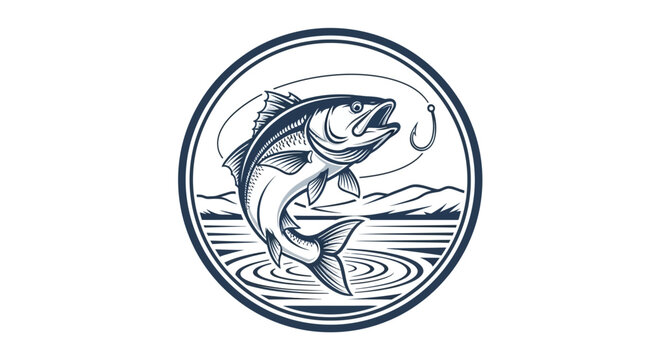 Dynamic Fish Leaping from Water with Fishing Hook in Circular Emblem.