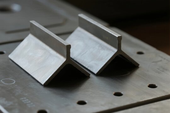 Two metallic T-shaped brackets placed on a perforated metal work surface