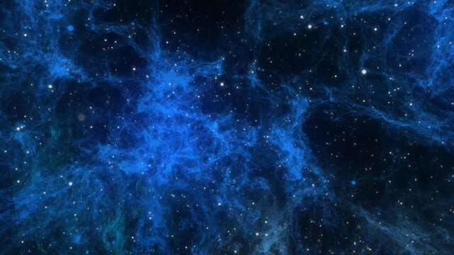 Smooth looping repetitive animation of deep space flight. Deep blue background of outer space with a night starry sky. Travel through the Milky Way to distant galaxies and clusters. 4k footage