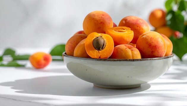 A bowl of fresh apricots on a white table