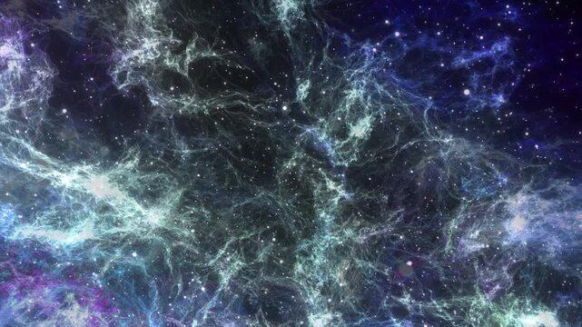 Spacecraft is flying through clouds and a star field in outer space. Animation of flying through glowing nebulae and stars. Cosmic moving and luminous stars with colorful new ones. 4k footage