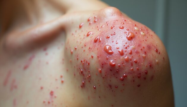 Close-up of a person's shoulder and upper back covered in numerous red, inflamed blisters and pustules, indicative of a severe skin condition or allergic reaction.