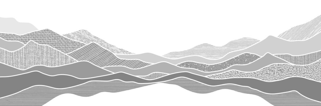 Mountain landscape stylization, imitation ranges isolated on white background, original textures, vector design