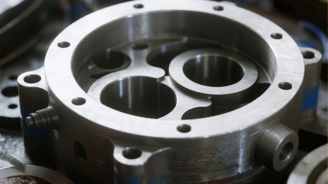 Close-up of a metallic engine cylinder head with multiple bores and bolt holes