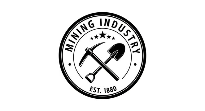 Mining Industry Logo with Crossed Pickaxe and Shovel, Established 1880.