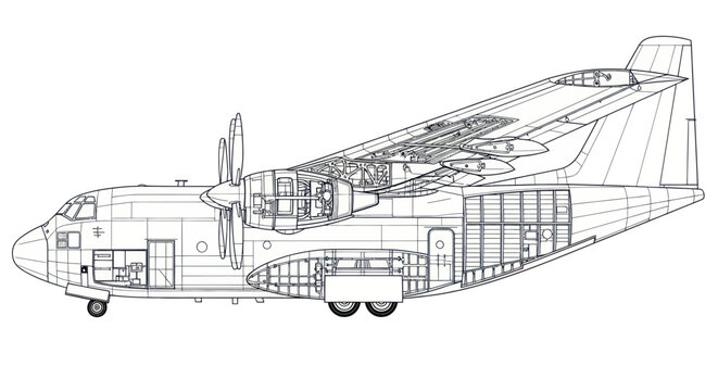 Aircraft Blueprint: Detailed Cutaway of a Propeller Cargo Plane