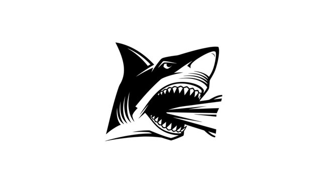 Aggressive shark head with open mouth and sharp teeth, black and white illustration