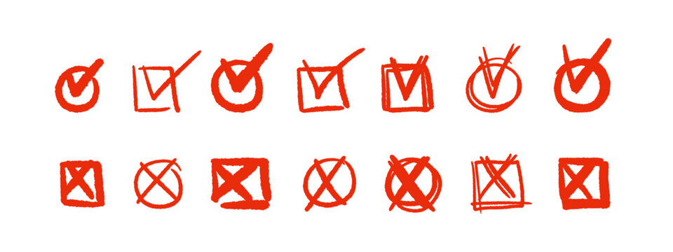 Hand drawn cross mark and red checkmark with crayon strokes. Vector tick and X icon in sketch style for highlighting correct and wrong choices in creative design. Scribble collection
