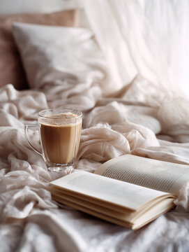 Open book with iced coffee on white linen bedsheet in bright bedroom, cozy slow summer morning film photography concept