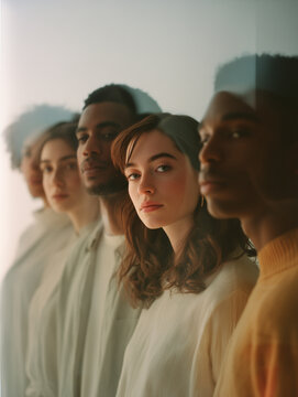 Diverse group of people in neutral soft tones standing together on bright gradient background, unity and peace film photography concept