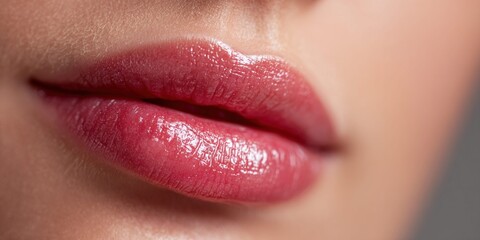 Naklejka premium Close-up macro shot of glossy pink lips with subtle texture and shine