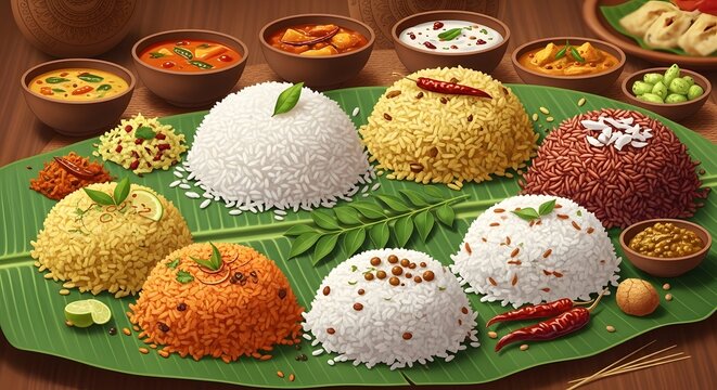 Traditional Kerala Vishu Sadhya Feast with Steaming Rice and Assorted Curries, Digital Painting of South Indian Vegetarian Meal served on Banana Leaf with Vibrant Colors and Cultural Richness.