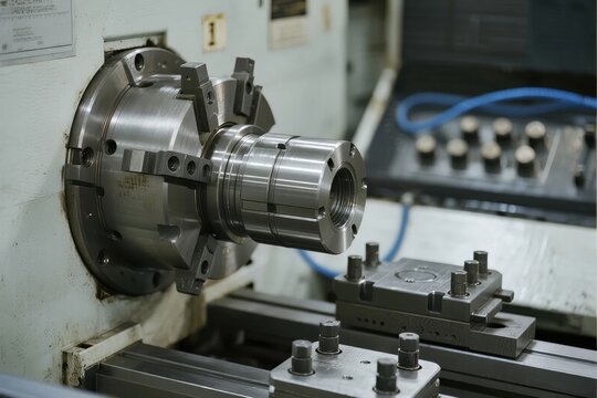 Close-up view of a metalworking lathe machine with a mounted chuck and tooling setup in an industrial workshop