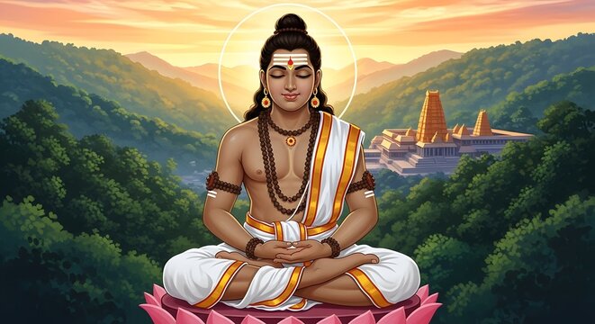 Sacred artistic representation of Lord Ayyappa seated in a serene meditative posture representing divine discipline profound devotion and inner spiritual strength within a mystical ambiance.