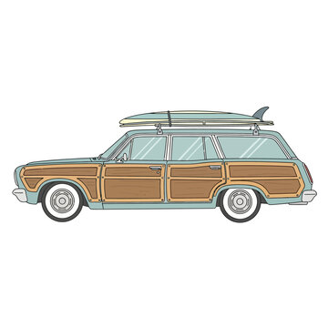 Retro Station Wagon with Surfboard on Roof Rack, Vintage Car, Beach Vacation