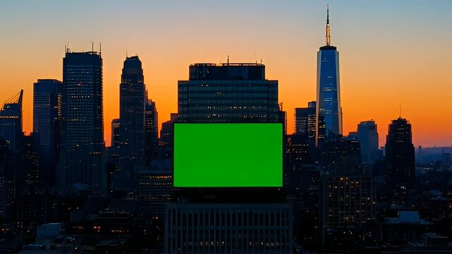 Rooftop Green Screen Billboard Mockup Overlooking City Skyline at Sunset