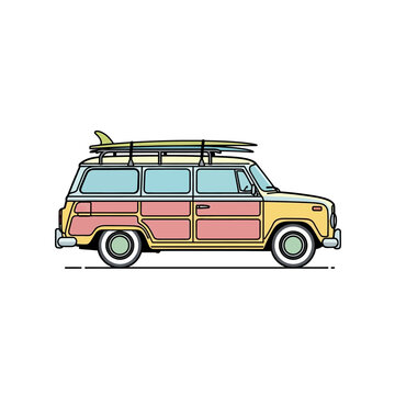 Retro station wagon with surfboards on roof rack, summer vacation transport, flat design