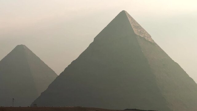 Telephoto view of the Pyramid of Khafre and The Great Pyramid in the distance 