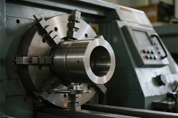Obraz premium Close-up of a metal workpiece mounted on a lathe machine in an industrial setting