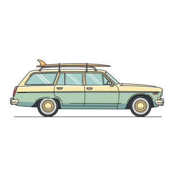 Vintage Station Wagon with Surfboard on Roof Rack, Retro Beach Trip Transportation