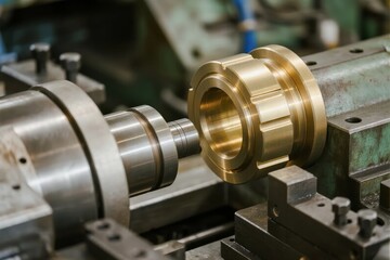 Fototapeta premium Close-up of a brass component being machined on a lathe in an industrial setting