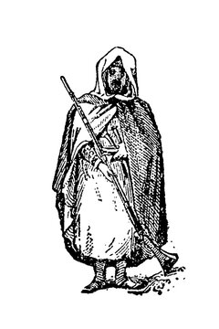 Moroccan warrior (Marocain) in hooded cloak (burnous), holding a long snaphaunce musket (moukahla), shrouded in shadow, old vintage illustration, 1897.