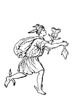 Mercury (Hermes), ancient sketch of a running winged figure in dynamic pose, winged sandals, caduceus, and flowing chlamys, classical style, old vintage illustration, 1897