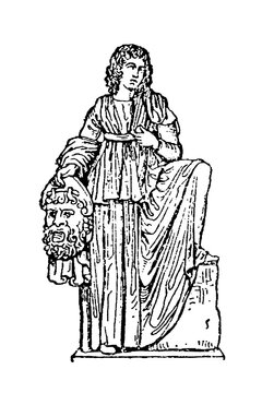Melpomene, the Muse of Tragedy, standing figure in draped chiton and himation holding a tragic mask, classical sculpture style, old vintage illustration, 1897.