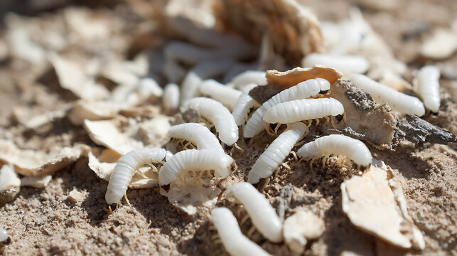 Close-up of a grouping of small, white, segmented insect larvae or grubs on a sandy, earthy ground with scattered organic debris