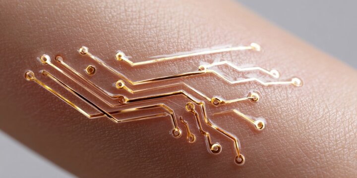 Close-up of a futuristic electronic circuit tattoo on human skin, representing bio-integration