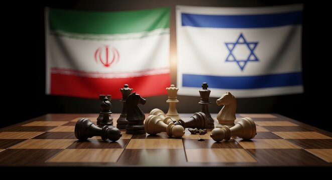 Iran and Israel flags behind chess game, symbolizing political strategy and conflict
