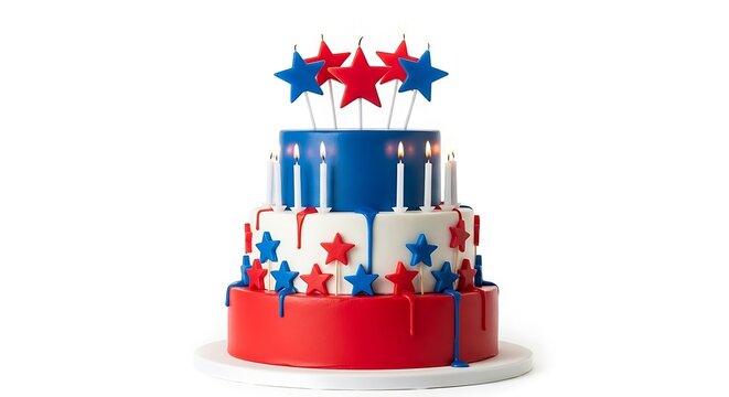 Patriotic birthday cake with red, white, and blue stars and candles on top isolated on white background