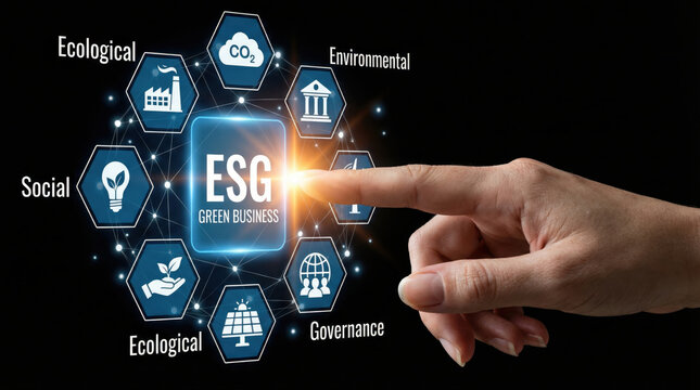 Esg sustainability report corporate strategy diagram with hand touch interface for green business focus