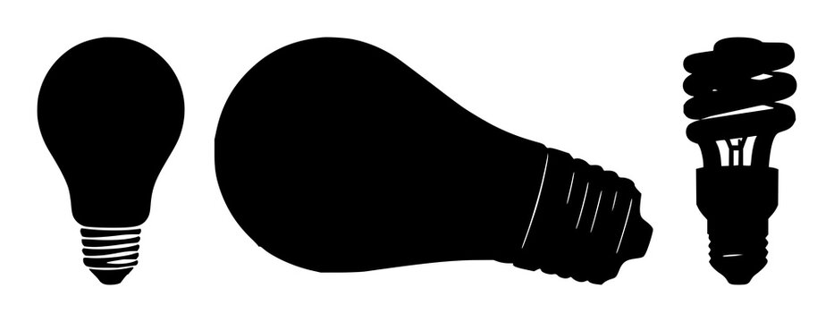 LED bulbs set with solid black icon on white background featuring energy efficient, LED, bulb with icon and black symbol