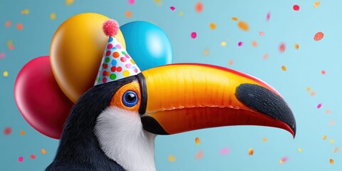 Naklejka premium A festive toucan wearing a party hat with balloons and confetti celebrates a special occasion