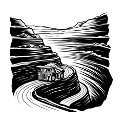 Monochrome Illustration of a Mining Dump Truck on a Winding Road. © Wahyu