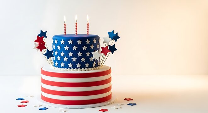Patriotic american birthday cake with stars and candles on white background