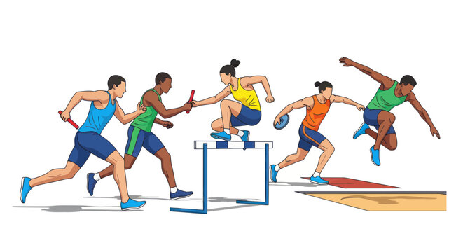 Athletes compete in track and field events: relay race, hurdles, and long jump.
