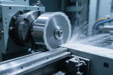 Fototapeta premium Industrial metalworking machine in operation, cutting metal with coolant spray