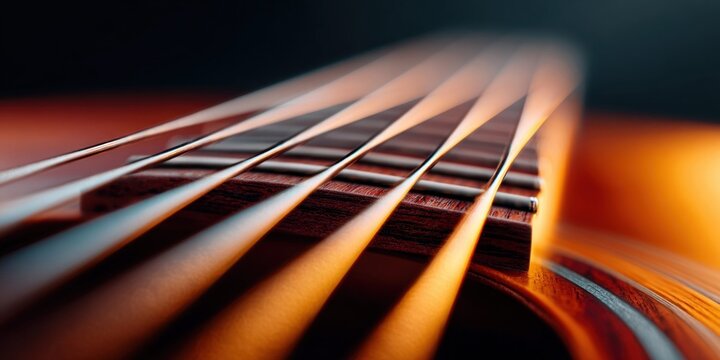 Close-up macro shot of acoustic guitar strings and fretboard with warm lighting