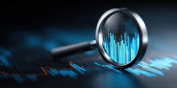 Magnifying glass over glowing blue financial data charts and graphs on dark background