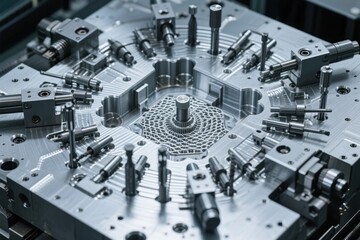 Fototapeta premium Close-up view of a precision metal injection mold with intricate components and mechanical parts