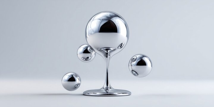 Abstract liquid metal spheres and droplets on a clean studio background
