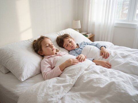 Children Sleeping Peacefully in Bright White Bedroom with Soft Morning Light