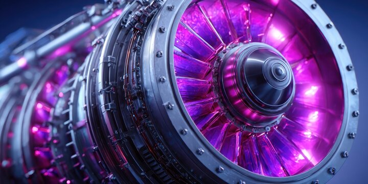 Close-up view of a futuristic jet engine turbine with vibrant purple illumination