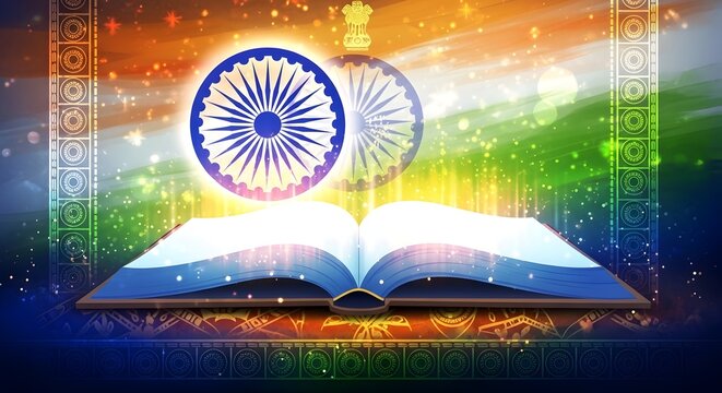 Glowing digital illustration celebrating Indian Constitution Day featuring an open legal law book with the symbolic Ashoka Chakra emblem against a majestic golden spiritual background light.