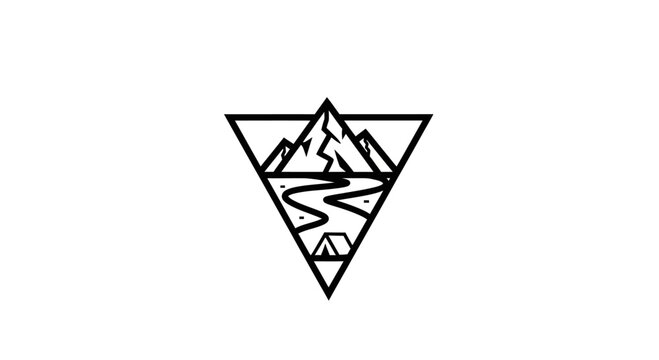 Geometric Mountain Landscape Logo with River and Tent