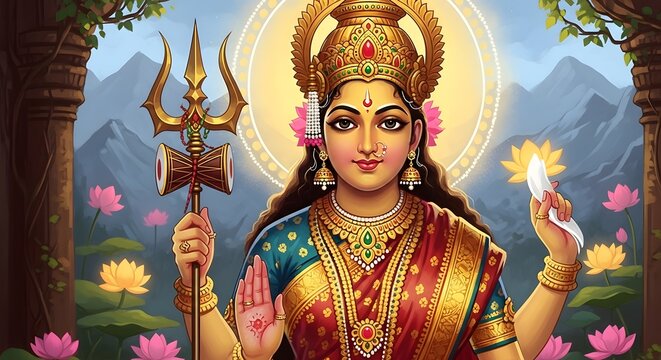 Divine Hindu Goddess Parvati holding a sacred Trishul in a vibrant digital painting, showcasing spiritual power, intricate traditional attire, and glowing celestial aura in artistic style.