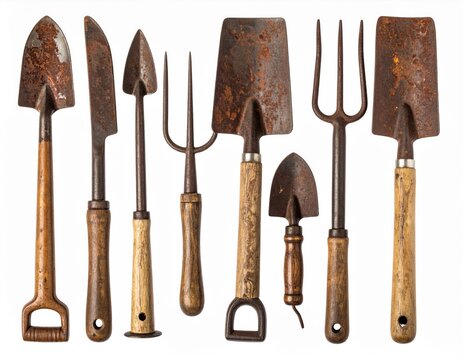 Collection Of Rusty Old Garden Tools On White Background